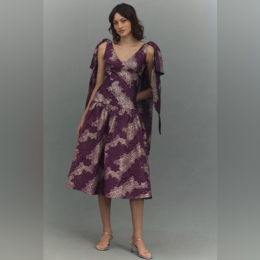 BHLDN Violet Jacquard Shoulder-Tie Fit & Flare Midi Dress